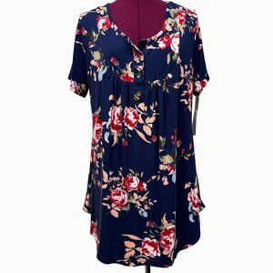 NEW Poseshe Blue Pink Floral Print Short Sleeve Stretch Tunic Top L